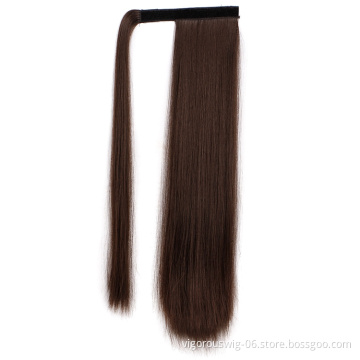 Natural Wholesale Fiber Glueless Long Straight Synthetic Ponytail Clip In Hand Tied Weft Hair Extension
